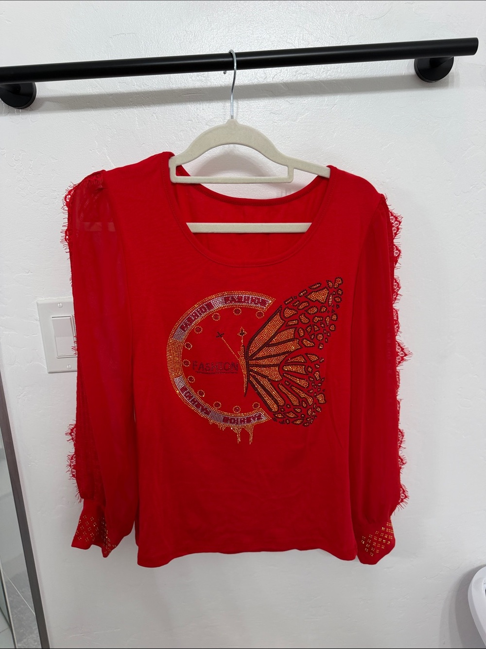 Red Womens Long-Sleeve Embellished Lace Top